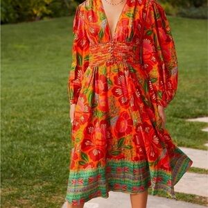 FARM Rio Red and Green Floral Long Sleeve Dress
